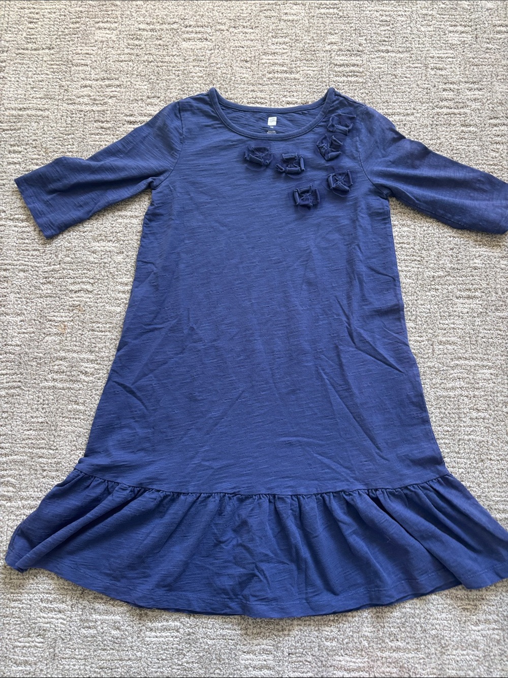 Tea Collection Navy Blue Ruffle-Hem Dress with Rosette Detail